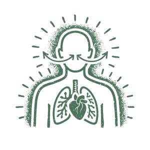 Line drawing of a human with lungs and heart, with lines radiating outward and a halo-like circle around the head.