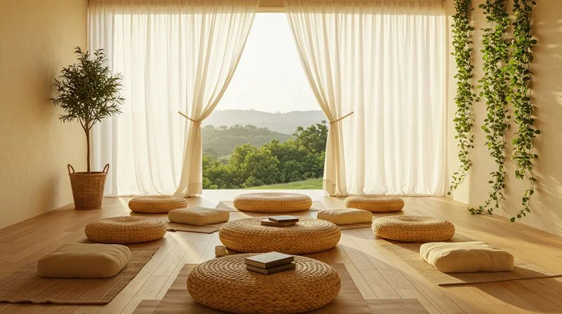 A cozy room with a large window overlooking a green landscape. The room has a wooden floor, round woven cushions and pillows on the floor, and a potted plant by the wall. Light curtains frame the window.