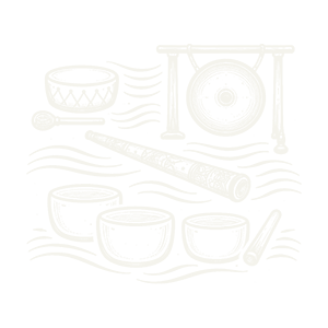 Chalkboard drawing of musical instruments including a drum, gong, and maracas, with a flute, tambourine, and three small bowls or cups.