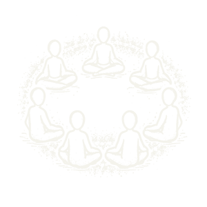 Seven stick figure people sitting cross-legged in a circle, practicing meditation or mindfulness.