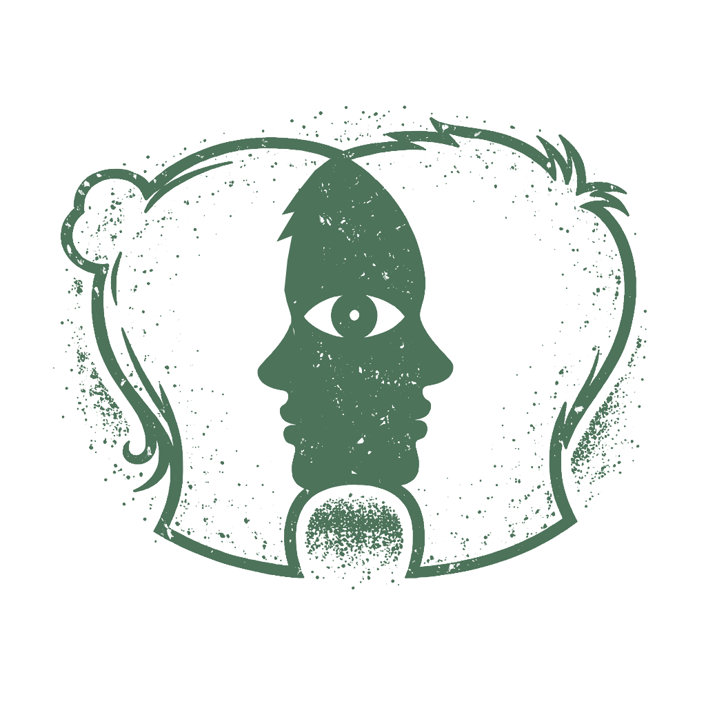 Artwork featuring two overlapping faces in profile with a single eye in the center, surrounded by abstract decorative elements.