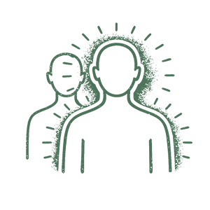 Line drawing of two human figures with radiating lines around their heads, symbolizing energy or ideas.