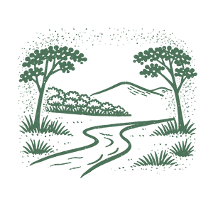 A stylized landscape scene with two trees, a river, and distant mountains under a starry sky.