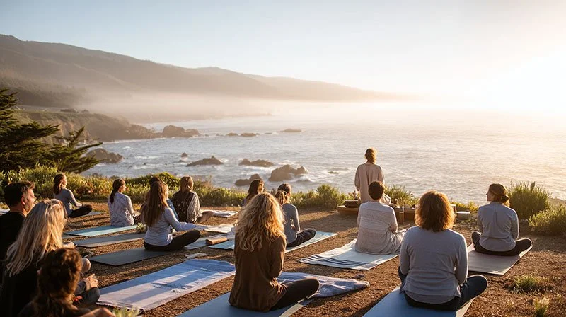 Group of people practicing yoga outdoors on mats near the coast at sunrise or sunset