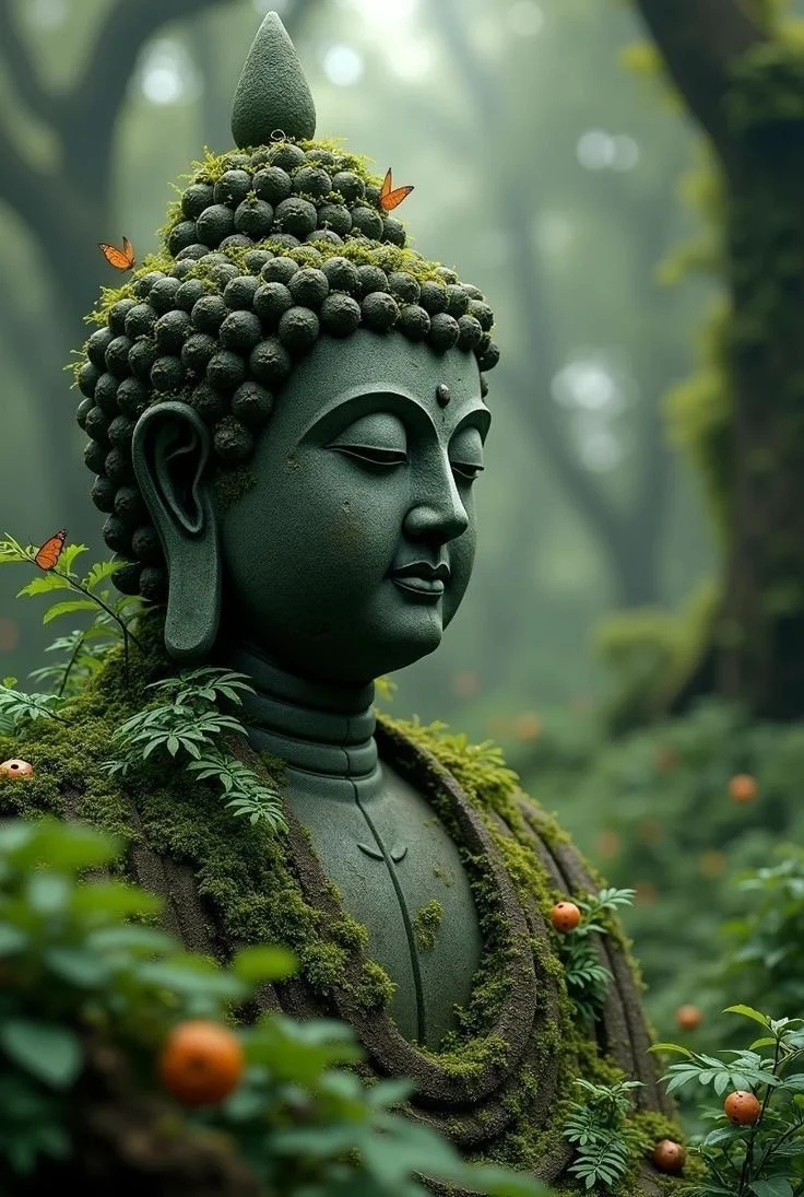 A garden statue of Buddha with a green moss-covered body, surrounded by greenery and small orange fruits, in a misty forest setting.