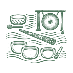 Line drawing of a musical instruments with a bowl, a digeridoo, drums, and a hanging gong.