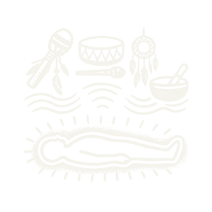 White line drawing of Native American musical symbols and objects on black background, including a drum, feathered earrings, and a dreamcatcher, with a large wrapped item at the bottom.