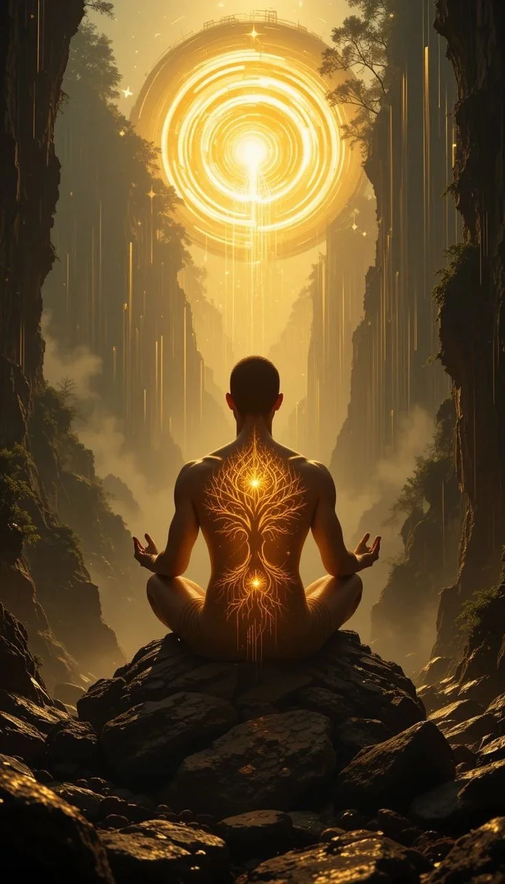 A person sitting cross-legged on rocks in a natural setting with tall cliffs, meditating in front of glowing, abstract, golden light symbols and patterns.