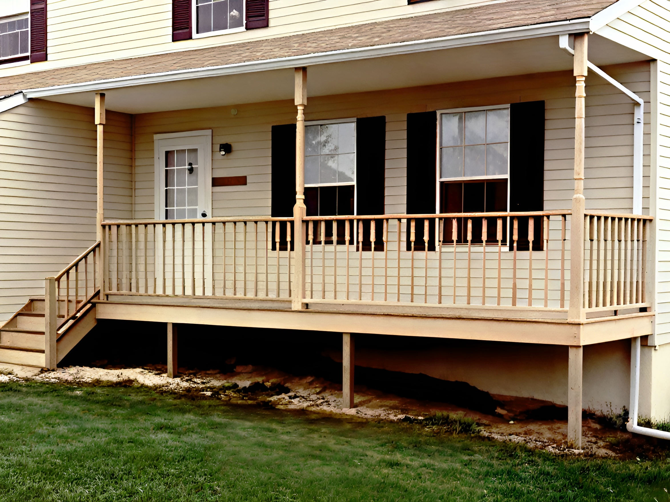 New wooden front porch with stairs and railing in front of a beige house with black shutters and two windows.