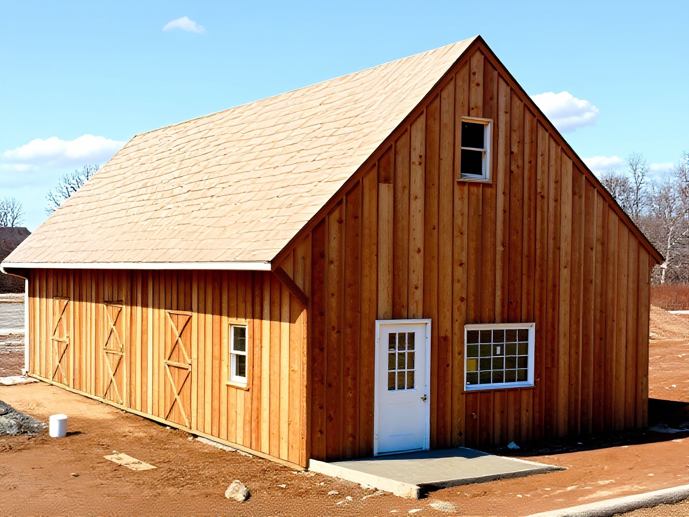 A wooden barn with a gabled roof, small windows, and a white door, set on dirt land under a blue sky with some clouds.