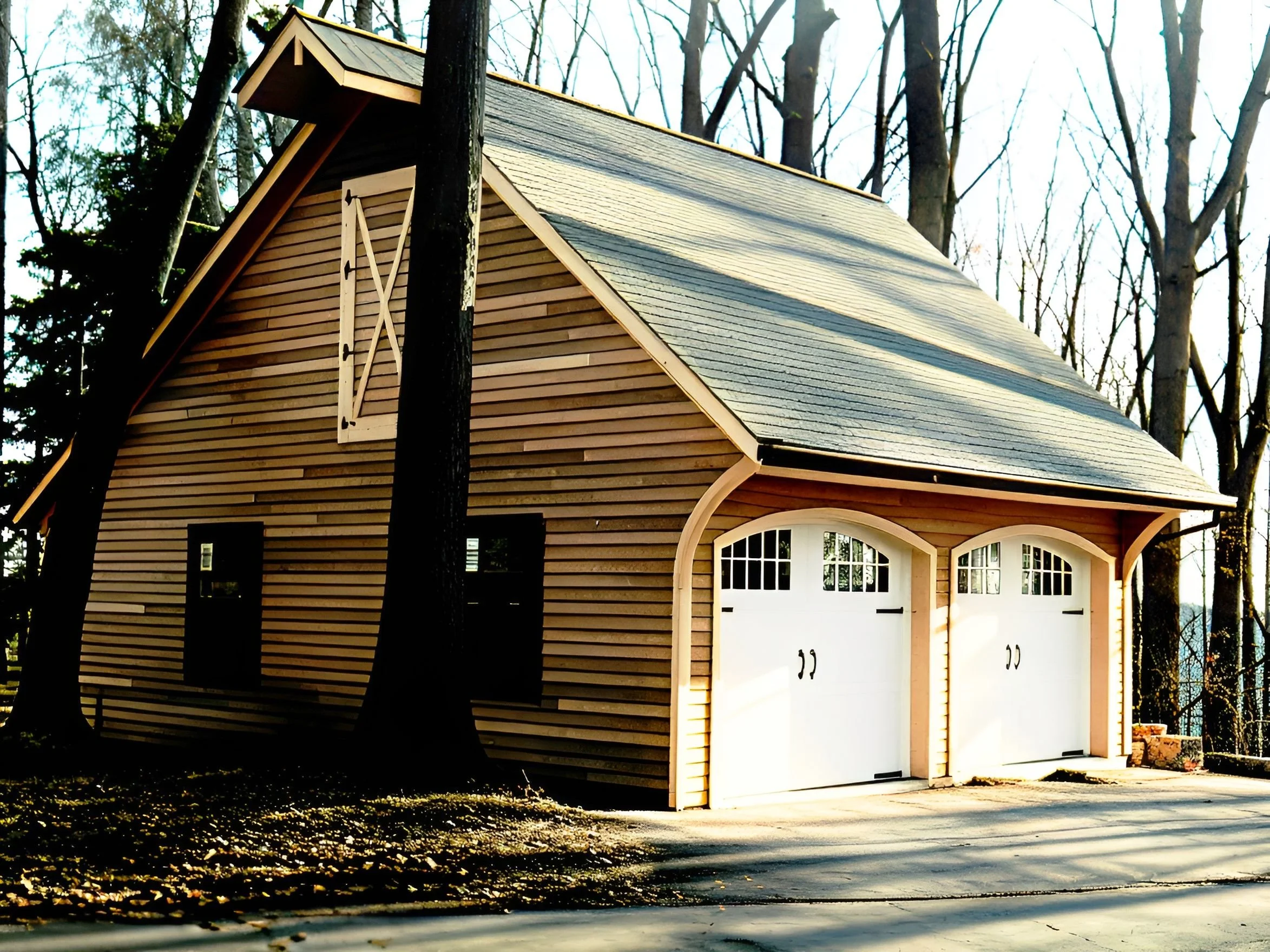 A wooden garage with double white doors, set in a neighborhood surrounded by trees.