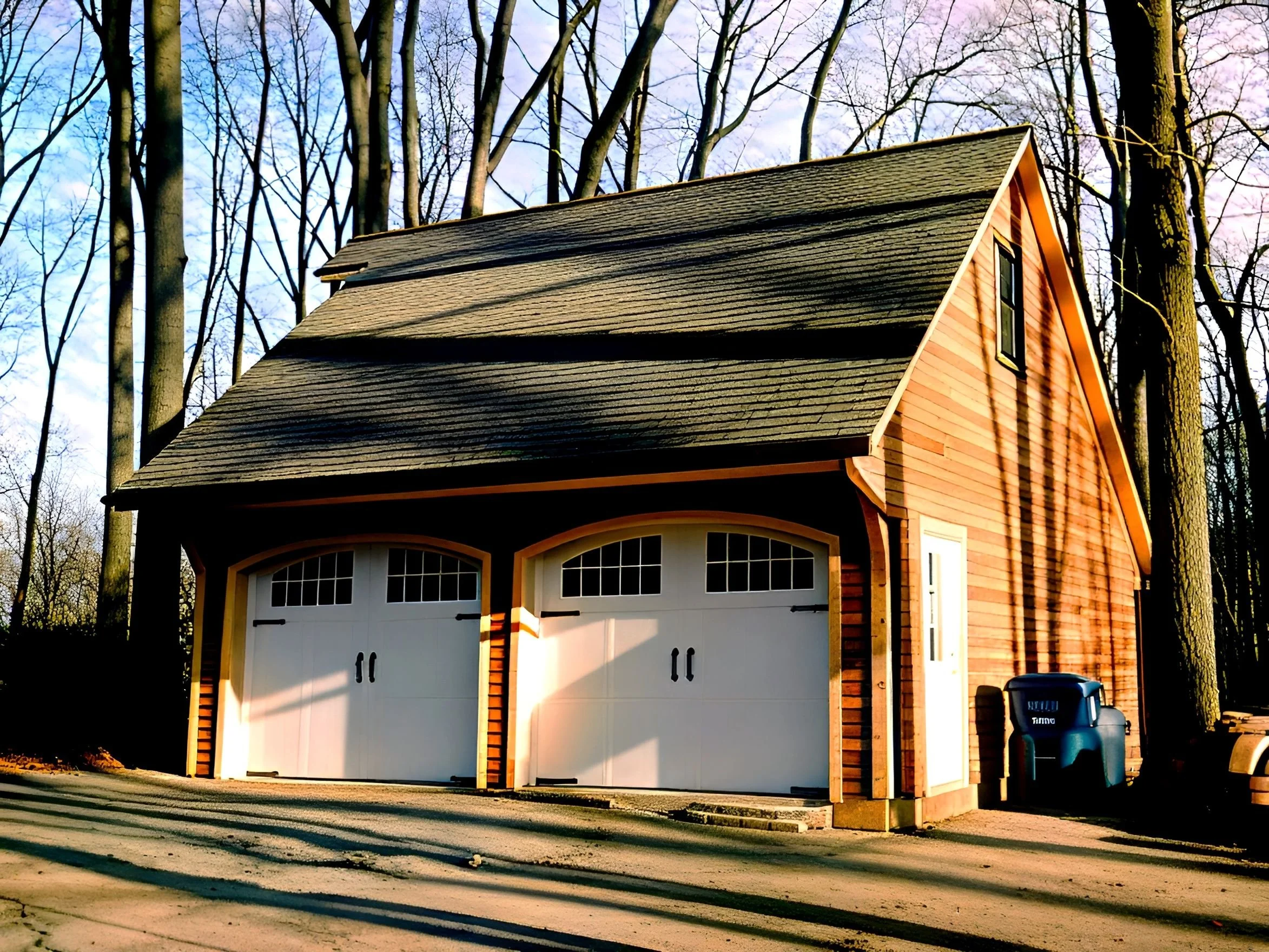 A two-car garage with white doors and small windows, attached to a wooden house, surrounded by tall trees without leaves, during late afternoon sunlight.