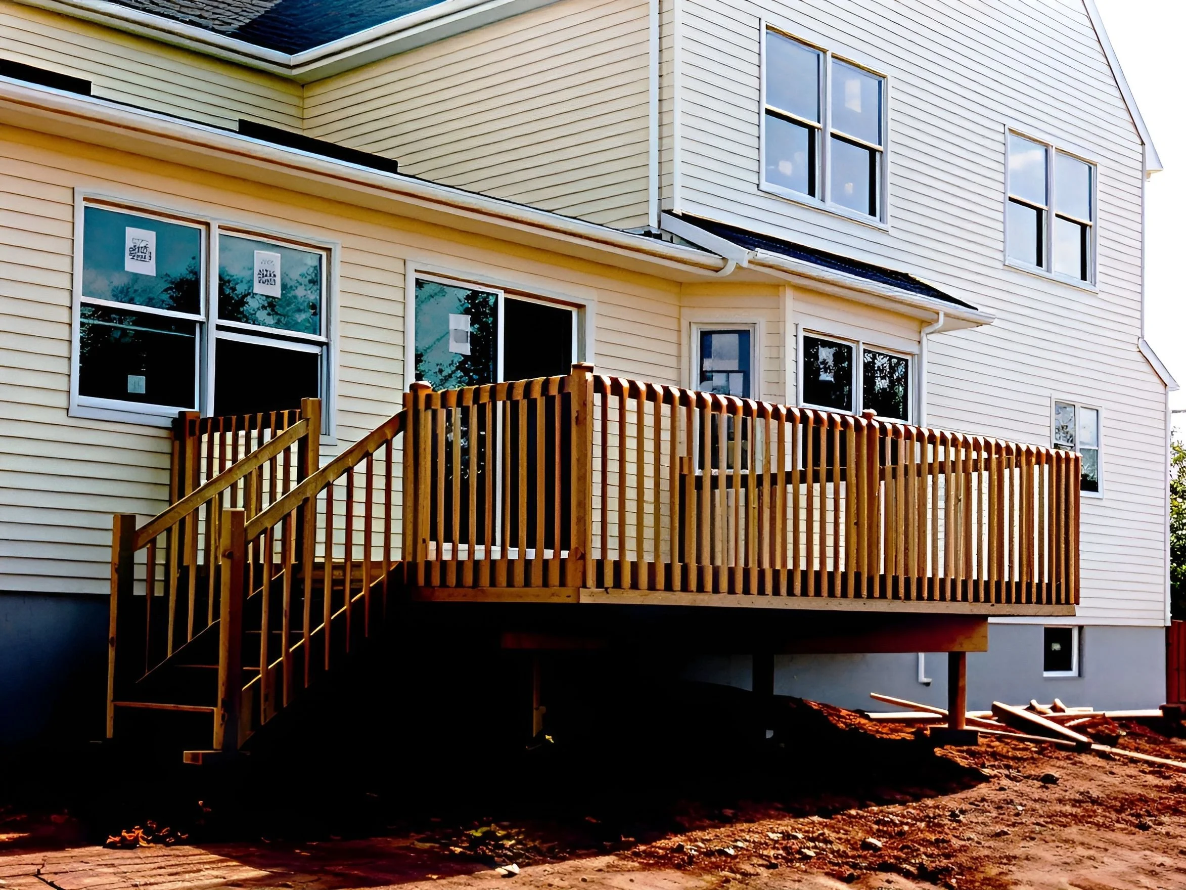 New wooden deck with stairs attached to the back of the house under construction, with exterior siding and windows visible.
