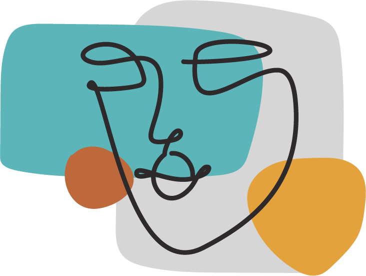 Abstract line drawing of a human face with geometric shapes in the background.
