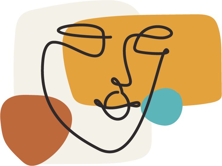 Abstract line drawing of a human face with colorful shapes in the background.