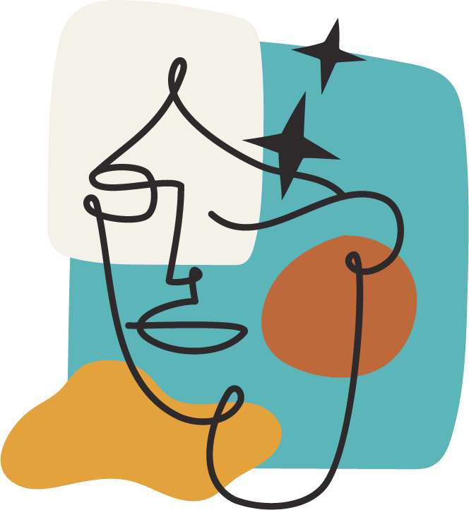 Abstract line drawing of a face, with colorful shapes in blue, white, orange, and brown background.