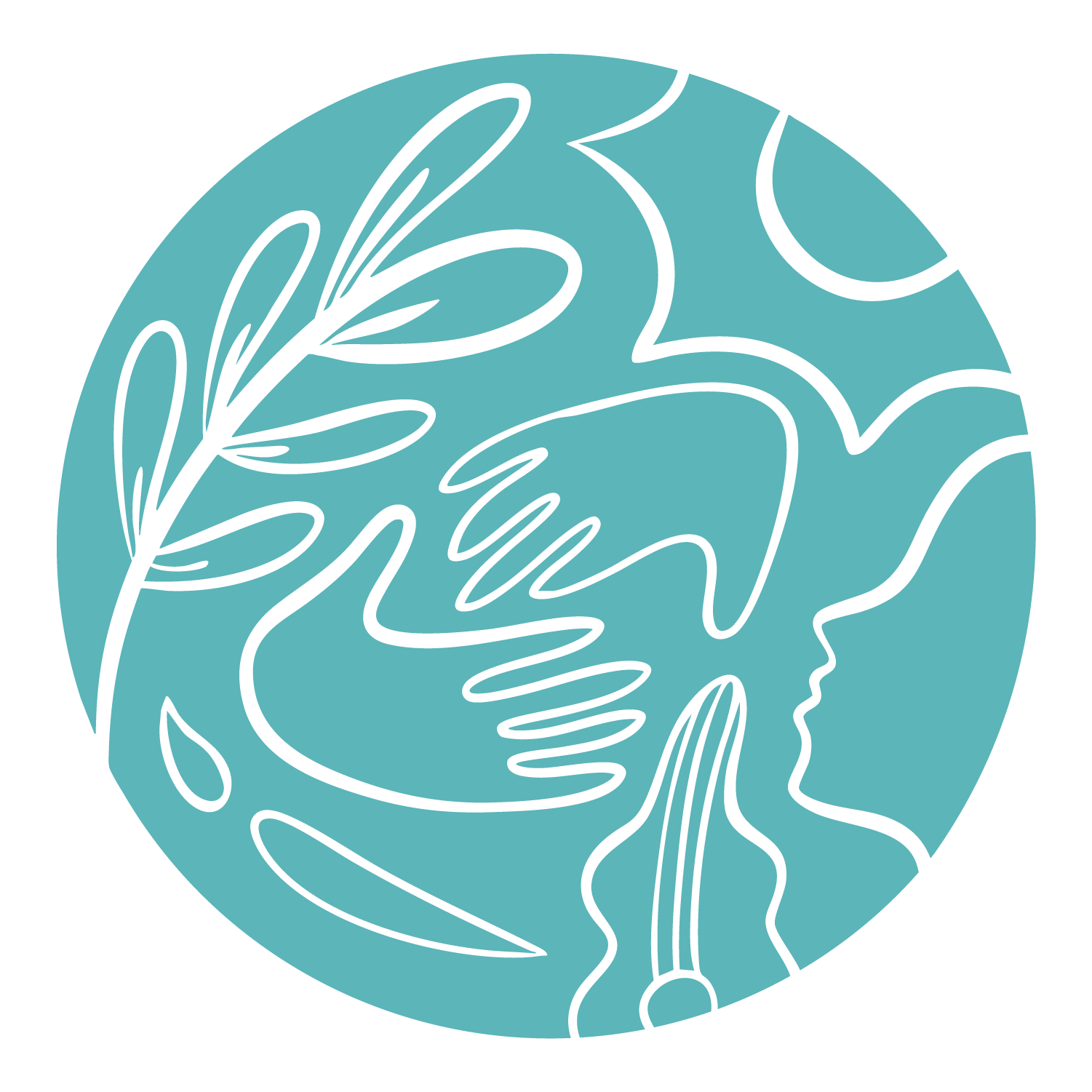 Abstract illustration of a woman's face in profile, surrounded by leaves and natural elements, in teal and black colors.