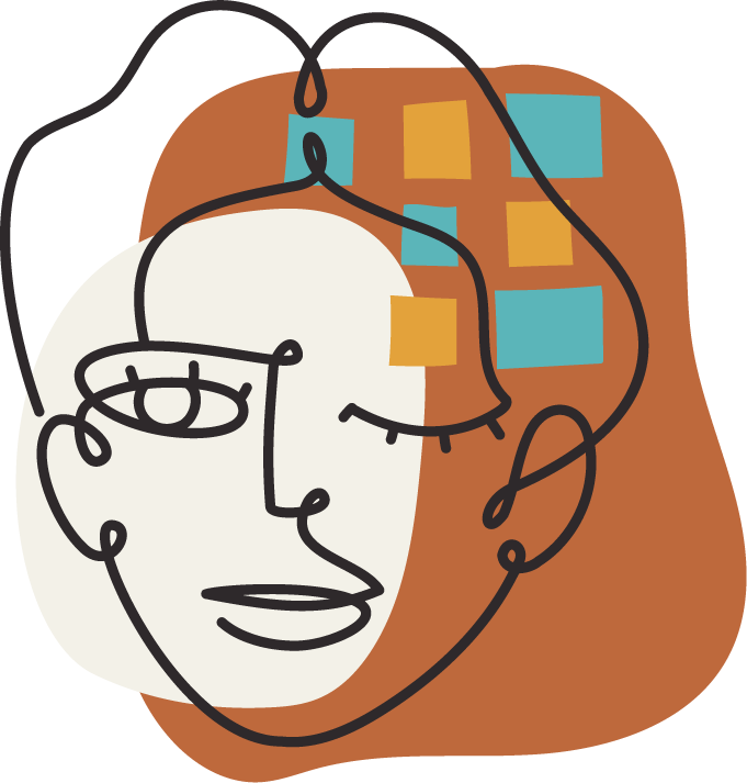 Abstract artwork of a human face with one eye, lips, and hair, created with continuous black line drawing, with colorful sticky notes on the head and a brown background.