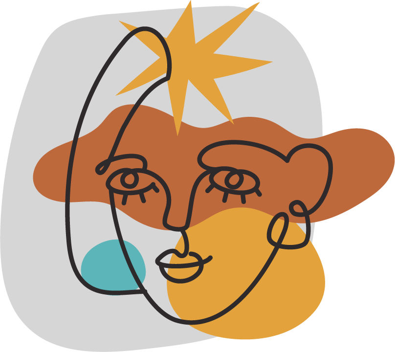 Abstract line drawing of a woman's face with facial features, background elements including a starburst, a circle, and color blocks in blue, orange, and beige.