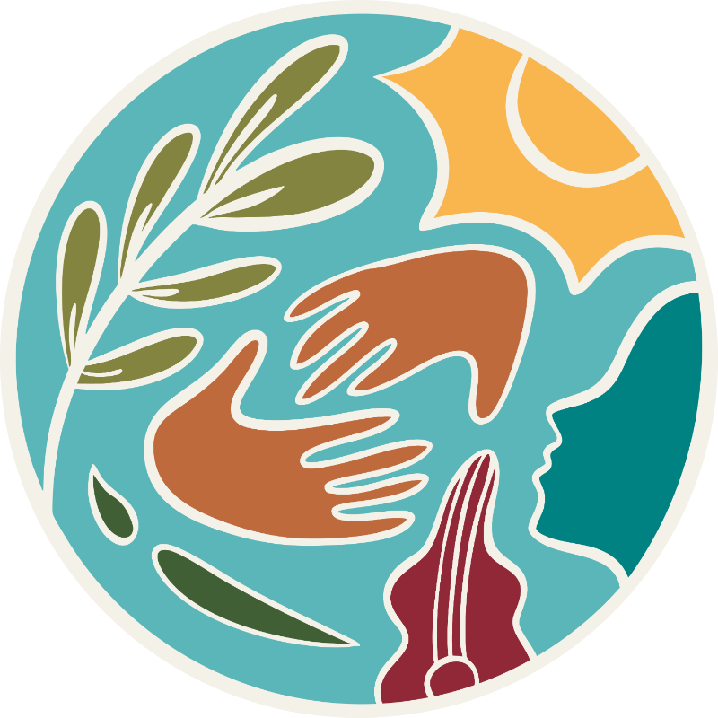 Circular illustration featuring abstract elements including a hand, a face outline, sun, and plant leaves in earthy colors.