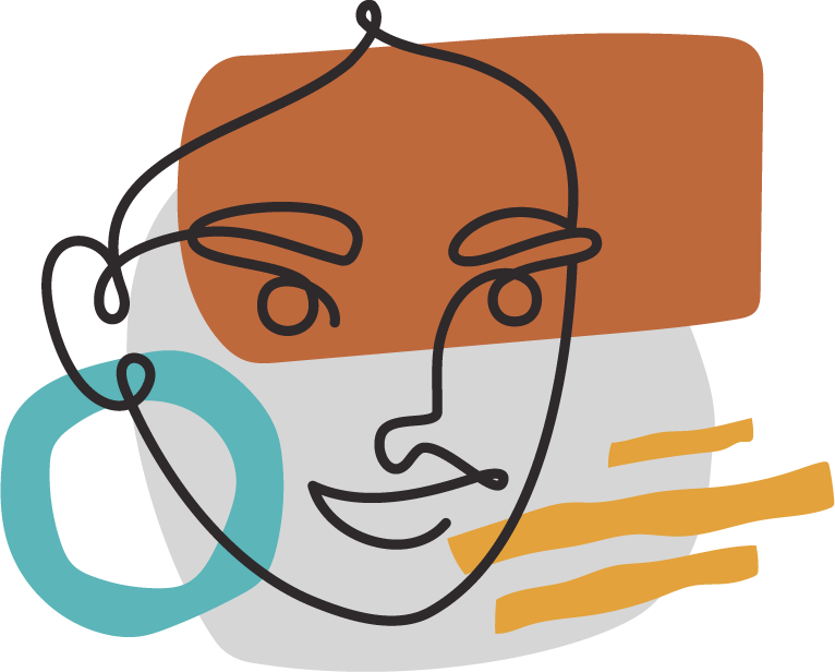 Abstract line drawing of a smiling woman's face with a large turquoise earring, a brown rectangle behind her head, and orange streaks in the background.