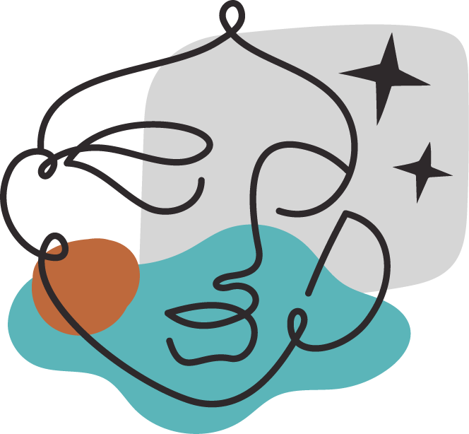 Abstract line art of a person's face with closed eyes, resting on a pillow, with stars above and colorful shapes around, representing sleep or dreaming.