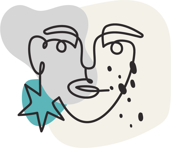 Abstract line drawing of a person's face with a blue starburst shape near the ear, featuring minimalistic facial features and splattered dots.