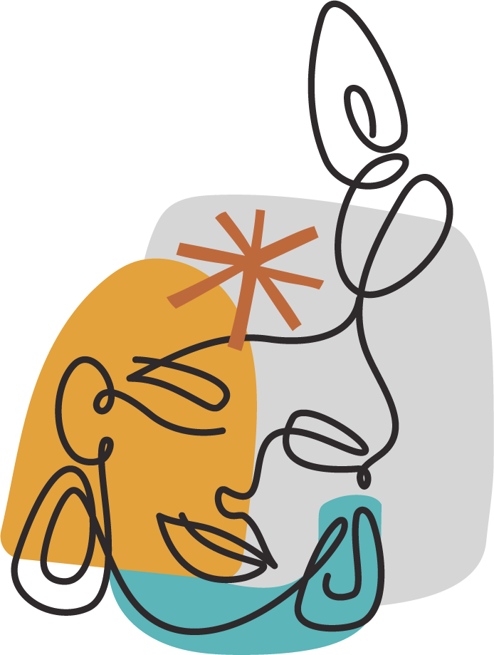 Abstract line drawing of two faces with minimal features, one with yellow skin and the other with white skin, intertwined with a plant and geometric shapes.
