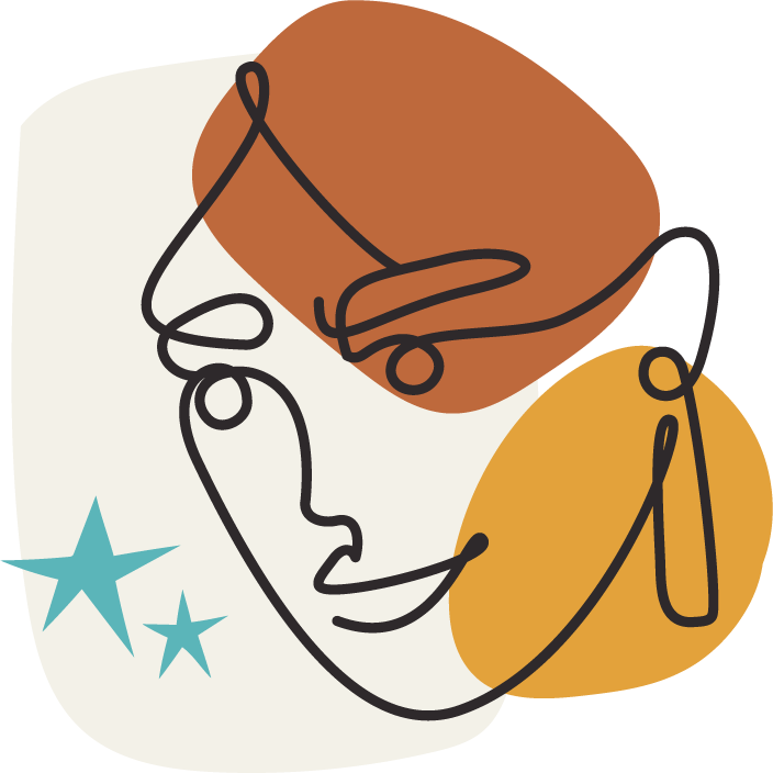Abstract line drawing of a smiling woman's face with colored shapes and stars in the background.
