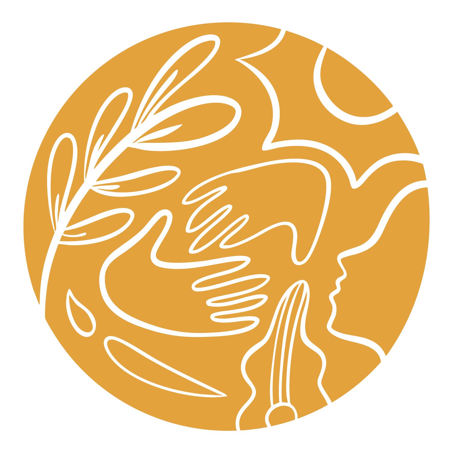 Gold-colored circle with black line art illustrations of a leaf, a hand, and a face in profile.
