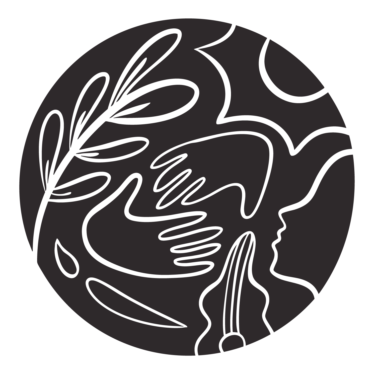 Line drawing of abstract face with hair, leaves, and waves inside a circular frame.