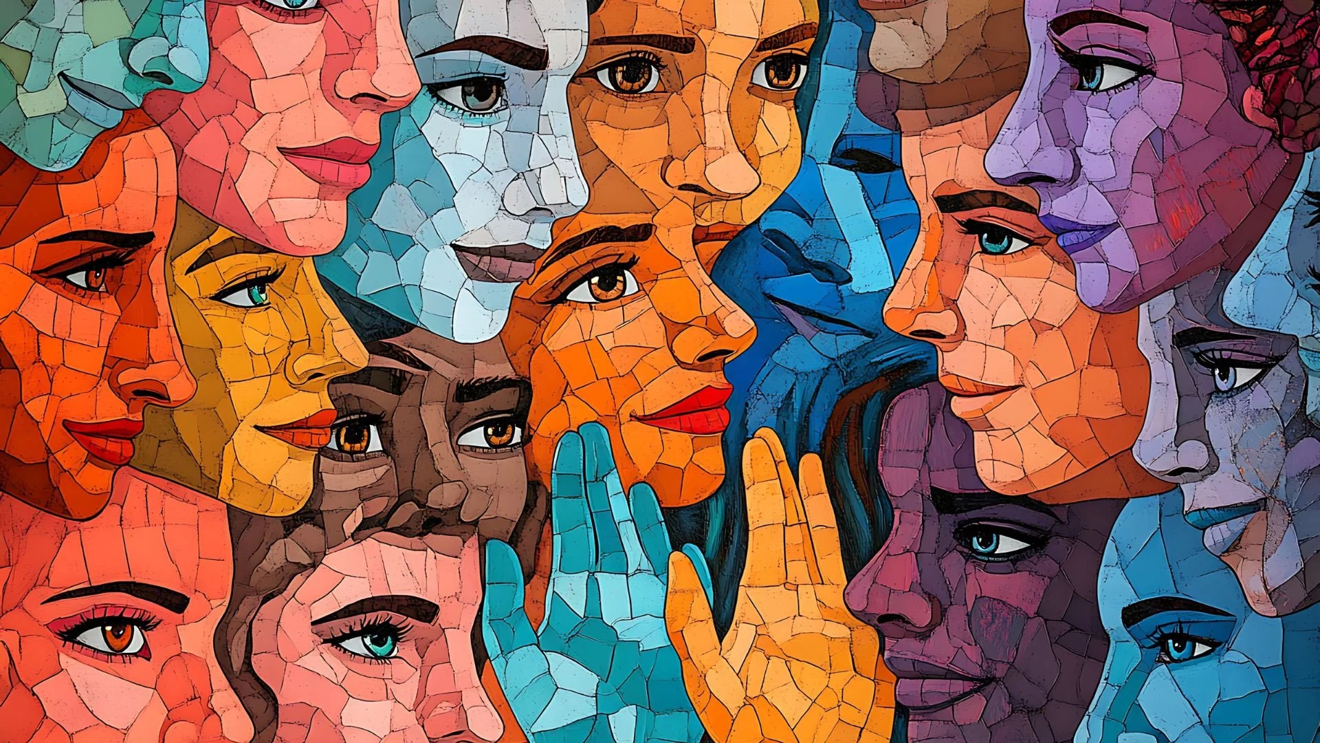 A colorful mosaic-style artwork depicting multiple faces of diverse women engaged in a conversation or sharing a secret, with varying skin tones and features.