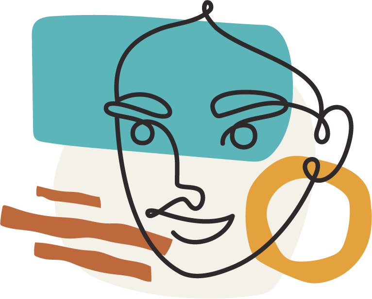 Abstract line drawing of a woman's face with geometric shapes and earth tone colors, including a blue rectangle, orange circle, and brown lines.