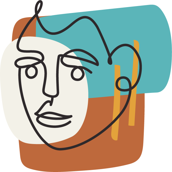 Abstract line drawing of a woman's face with a multicolored background of geometric shapes.