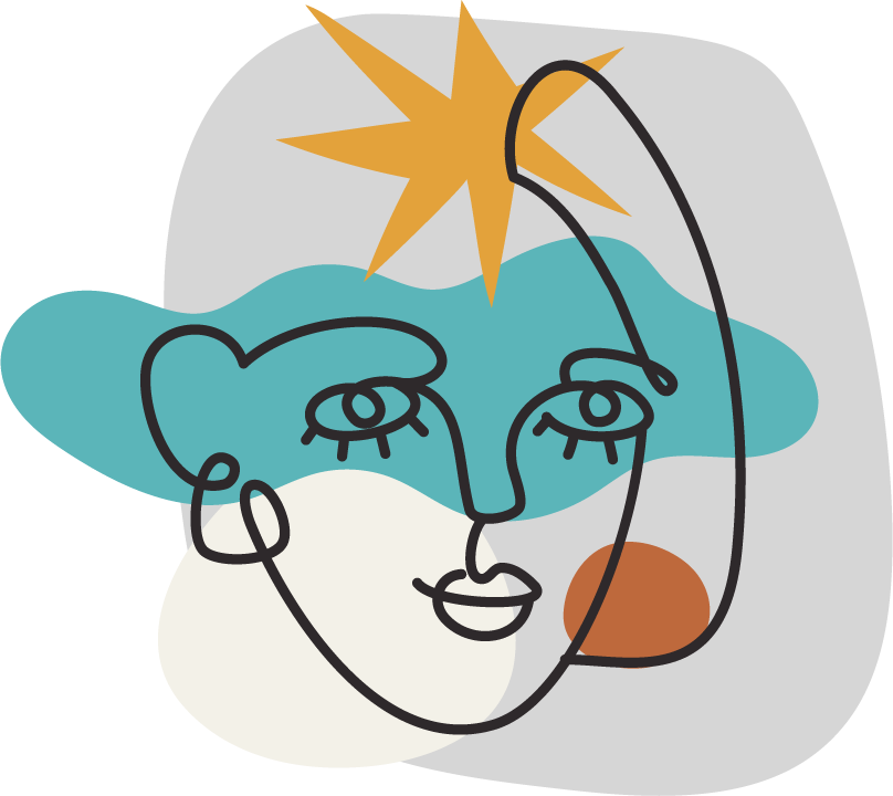 Abstract line drawing of a human face with a blue cloud over one eye, a yellow starburst near the forehead, and a brown circle nearby, on a gray background.