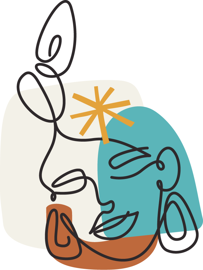 Abstract line drawing of two faces, one in white and and the other in teal, with a yellow starburst between them.