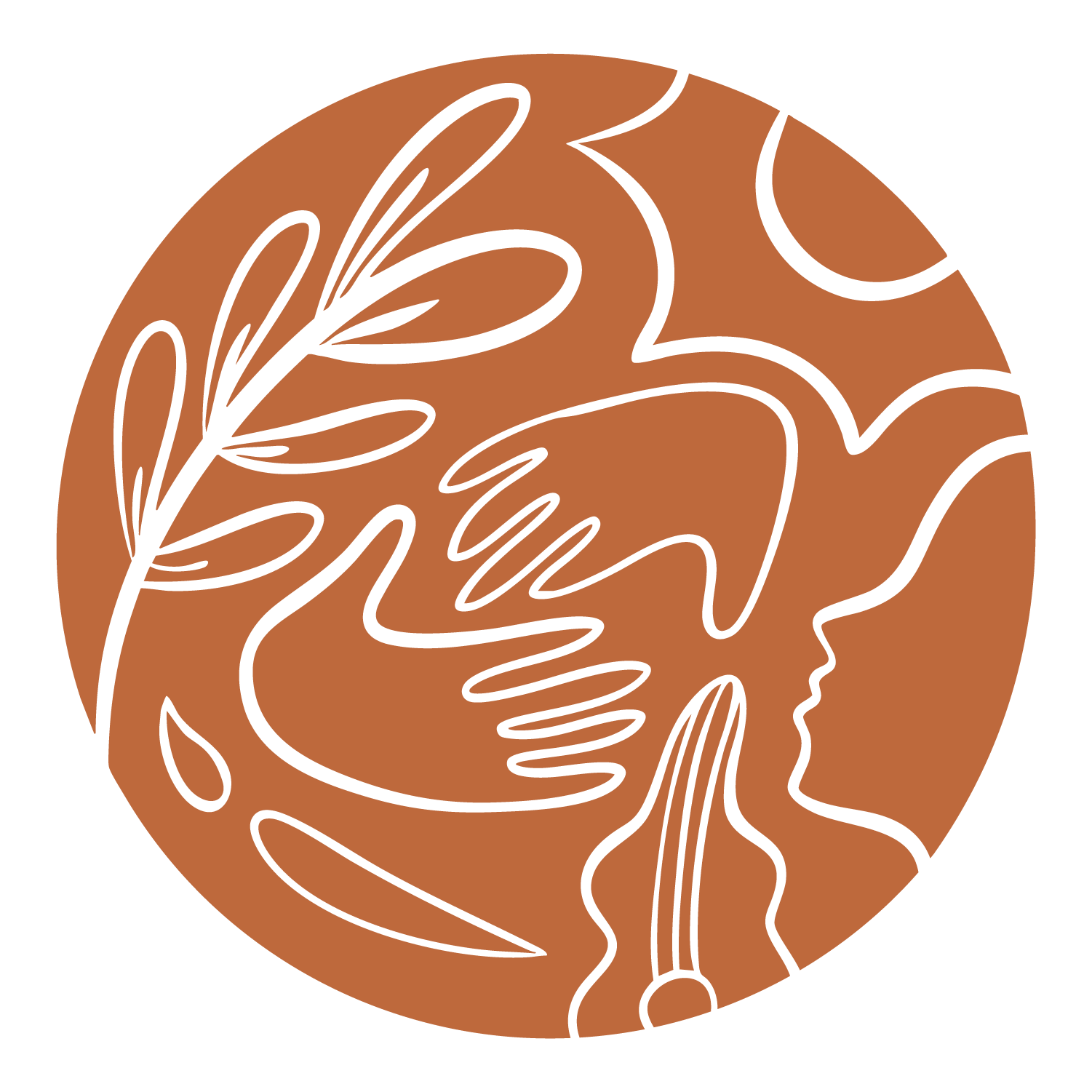 Chico women's Club logo mark of two hands reaching towards each other against a backdrop of abstract natural elements including leaves, a sun, and a human profile.