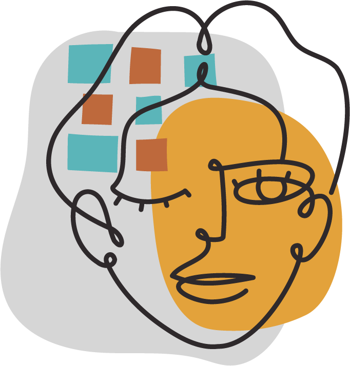 Abstract line art drawing of a face with overlapping shapes and colors, including blue and orange elements.