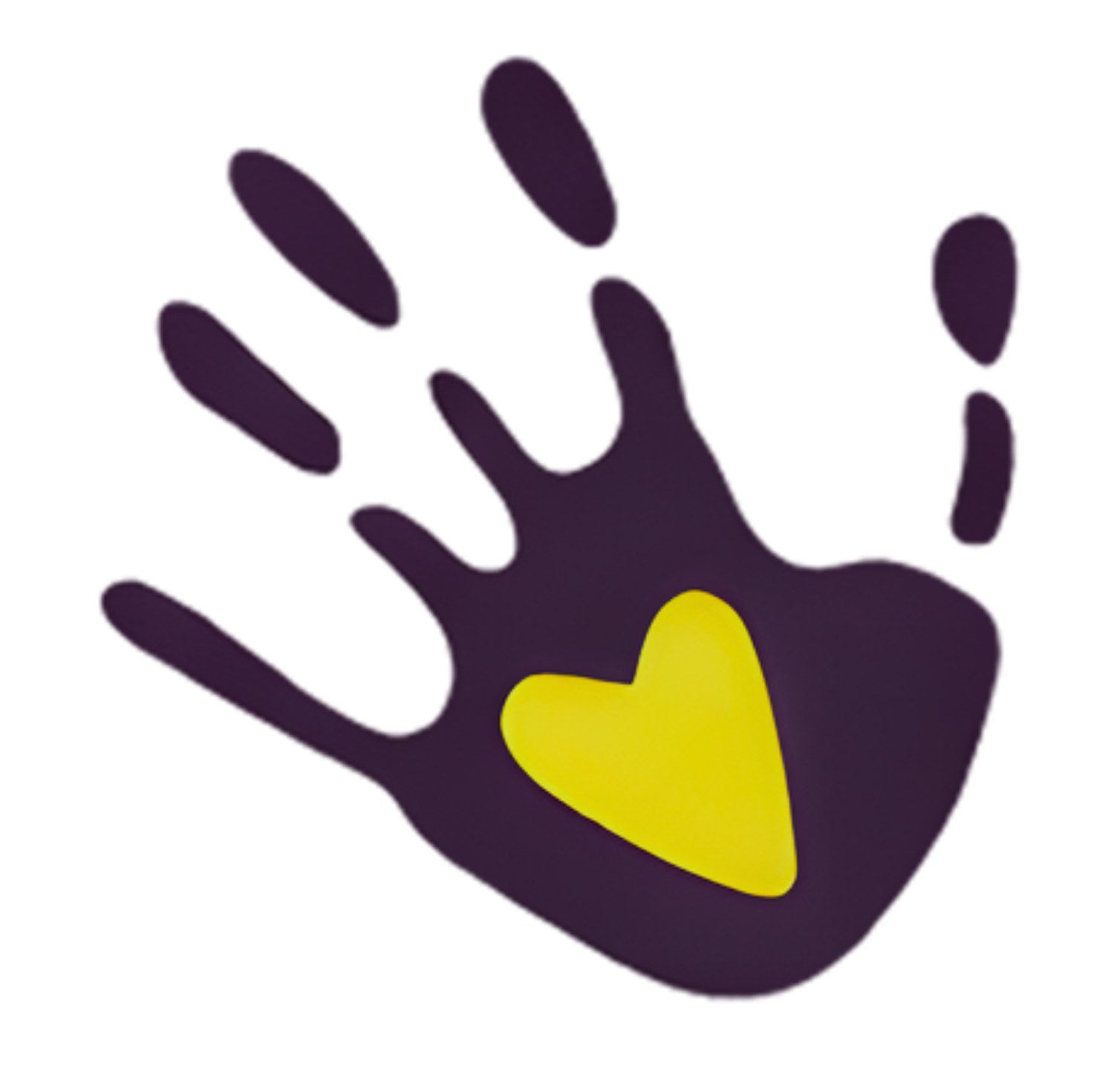 A dark purple hand with a yellow heart on the palm