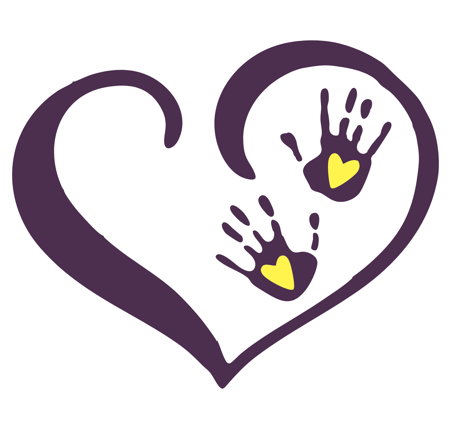 A purple heart with two handprints inside, each with a yellow heart in the palm.