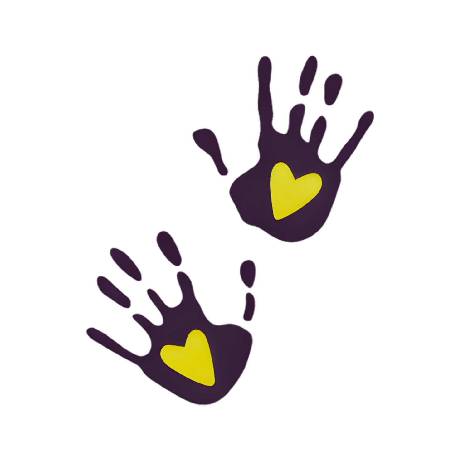 Two black hand-shaped objects with yellow hearts in the palms, floating against a black background.