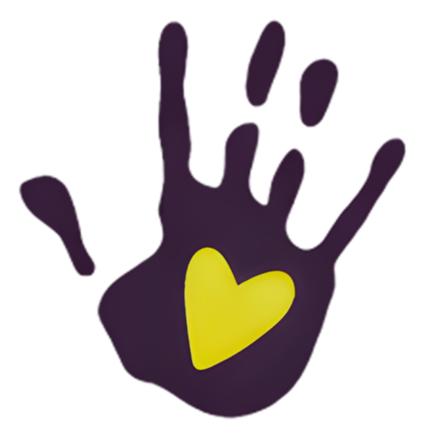 Purple hand with yellow heart on palm, representing love or caring.