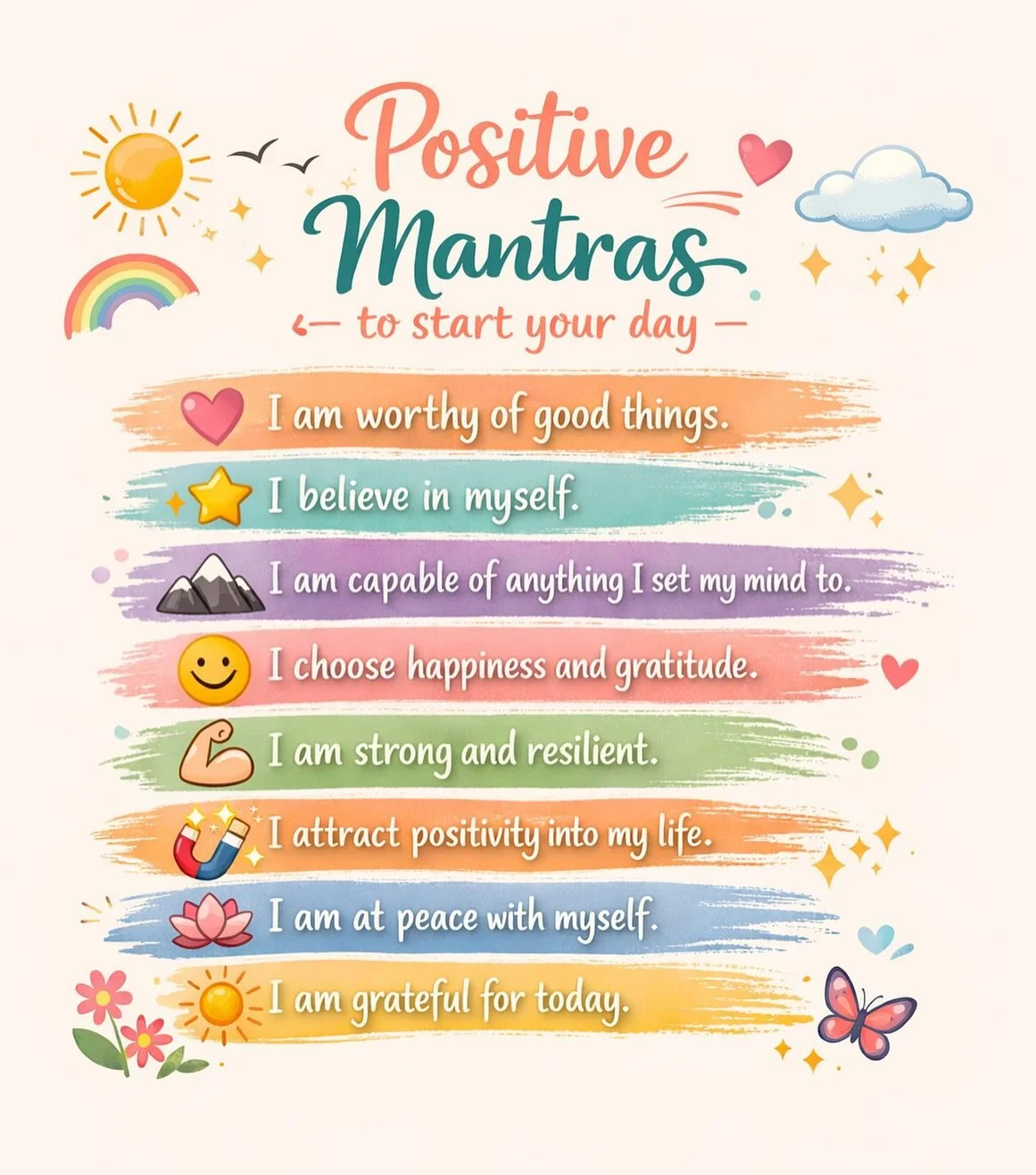 Start the day with a positive message to self, one you can carry through your day. Use your breath to bring it in to being.  What is a mantra that gets you through your day? #selfcare #mindful #pause #breathe #wellbeing #selfkindness #mantra