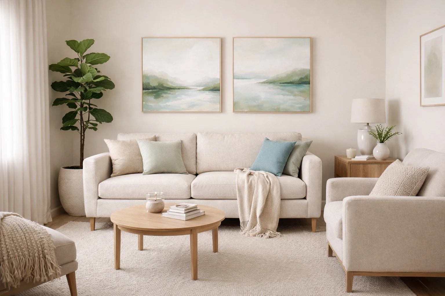 Living room with white sofa, armchair, wooden coffee table, artwork of lakes on the wall, plant, and neutral decor.