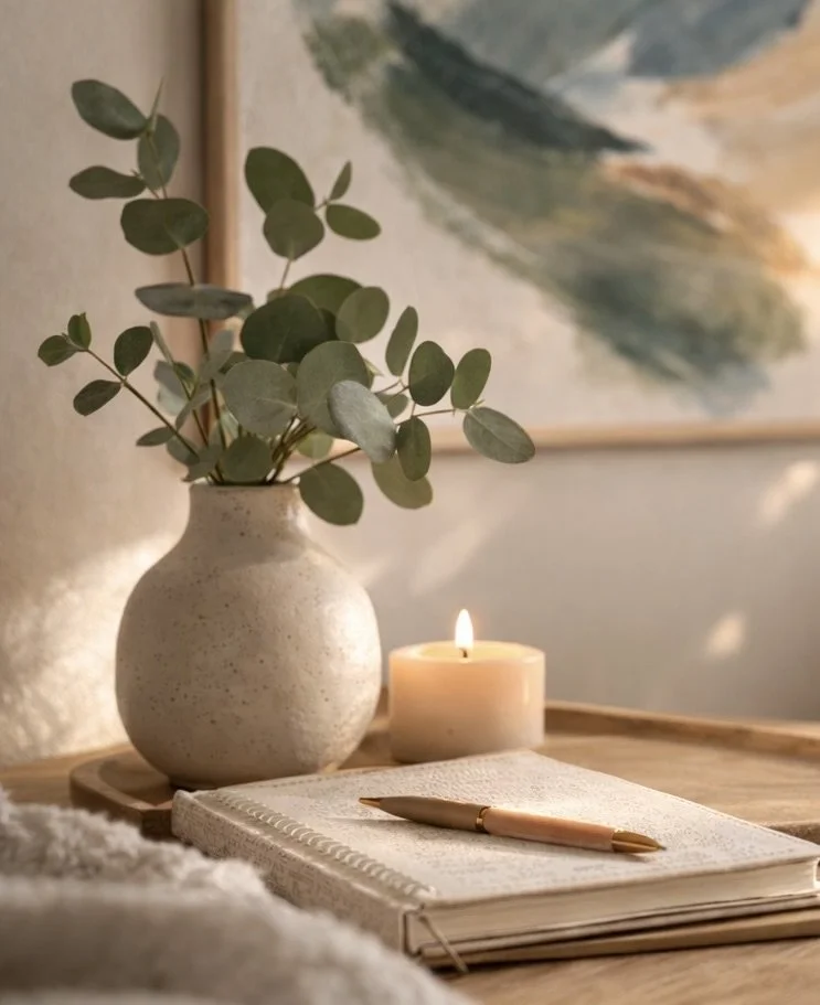A still life scene with a white ceramic vase holding eucalyptus leaves, a lit beige candle, and a closed notebook with a pen on top, on a wooden surface, with abstract artwork in the background.