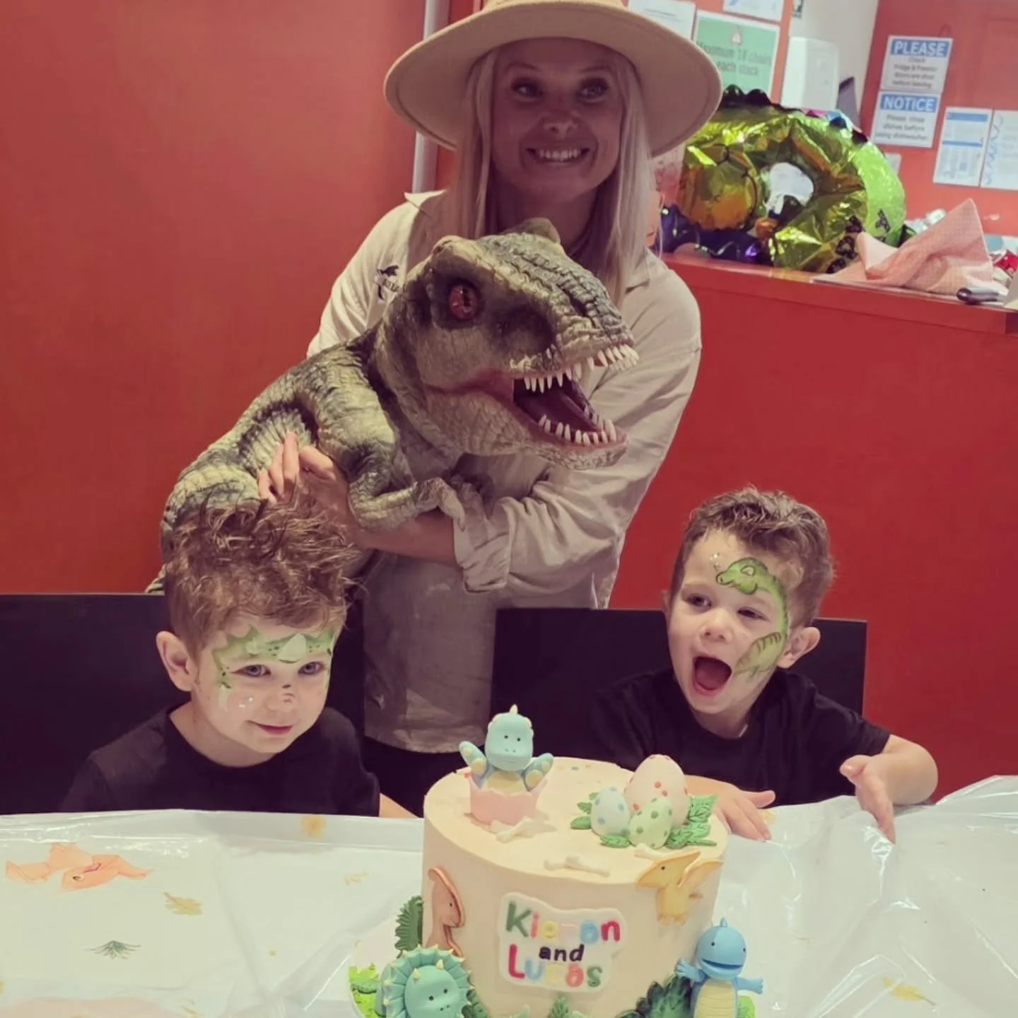 Happy 3rd Birthday to Kieran &amp; Lucas! 🎉🦖

Double the cuteness, double the dino-mite fun!
We hope you had the BEST day ever 💚
Thank you for letting Adelaide Dino Rangers come and celebrate with you 🤠🦕