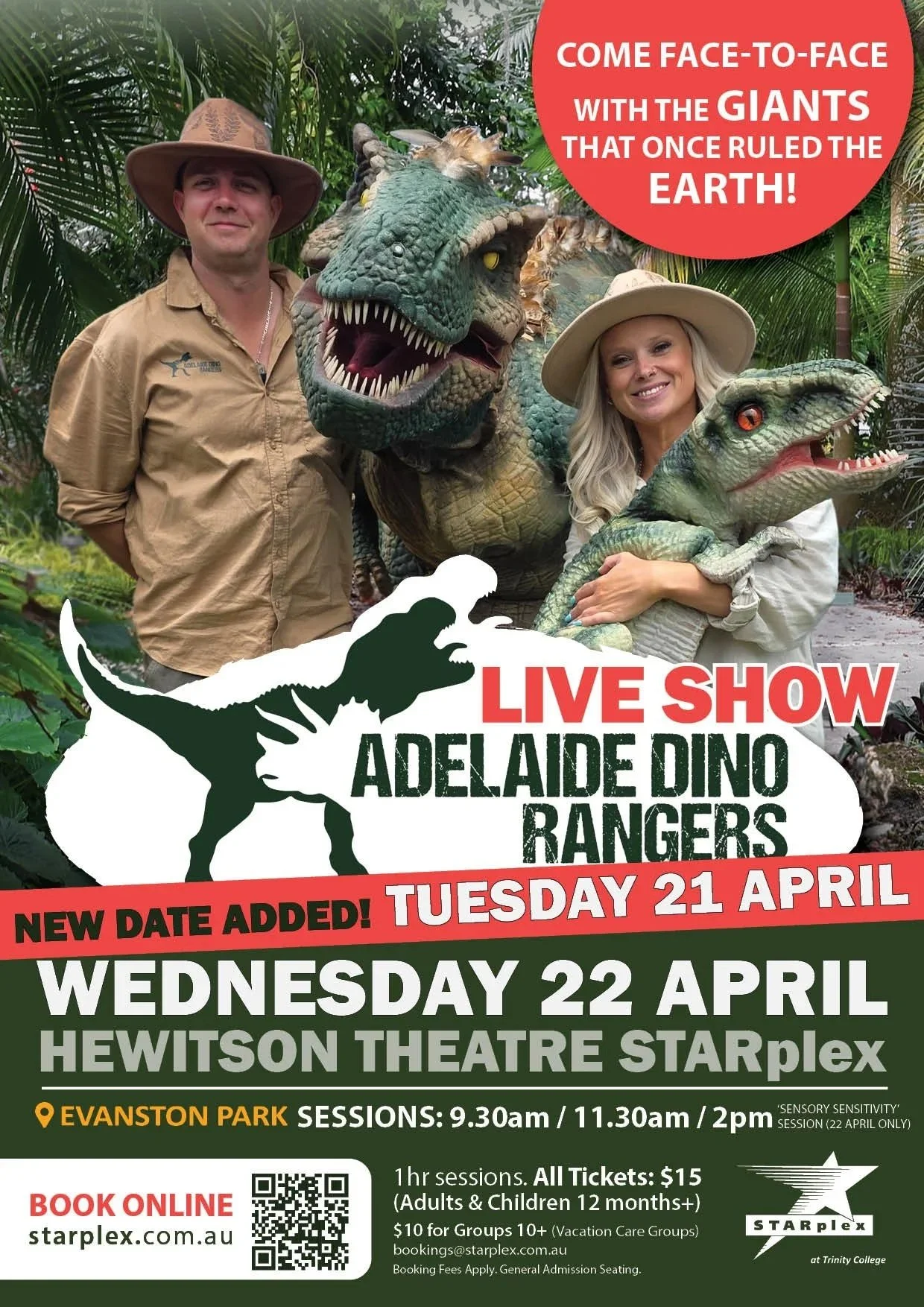 A promotional poster for a live show featuring dinosaur characters, including people in dinosaur costumes, with text promoting the Adelaide Dino Rangers live show on April 21 and 22 at Hewitson Theatre STARplex.