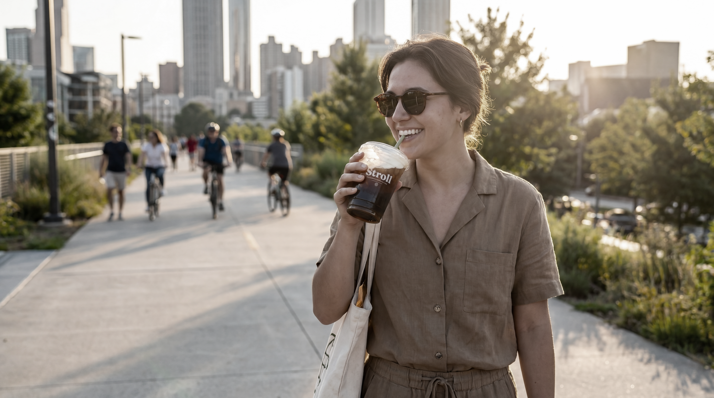 A woman wearing sunglasses and a light brown shirt, smiling as she drinks a cold beverage from a plastic cup labeled 'Stroll' on a city park path during late afternoon, with a city skyline and walking/biking people in the background.