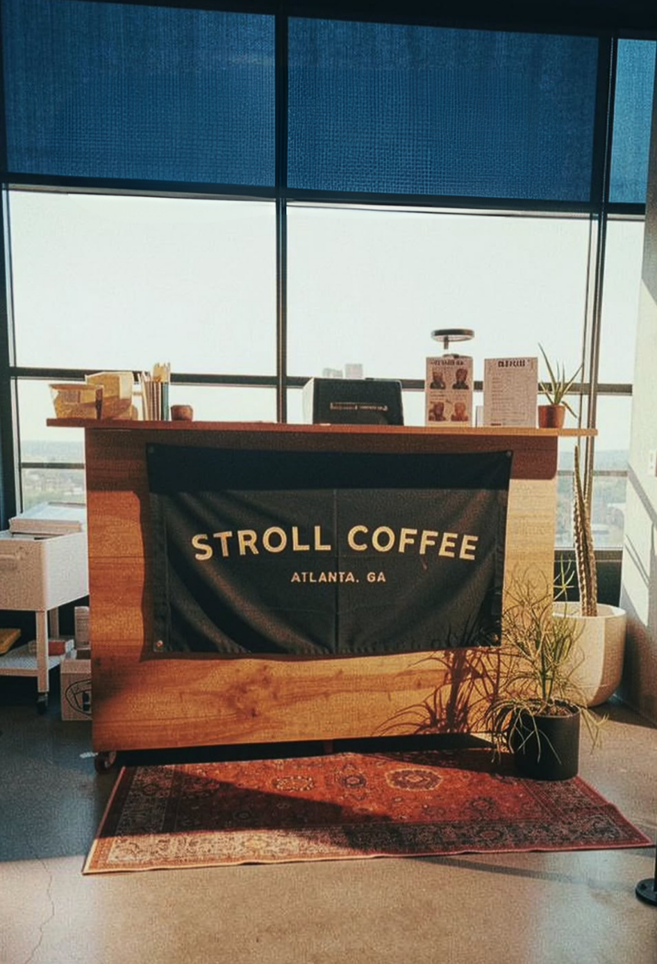 A wooden mobile coffee with banner reading 'Stroll Coffee, Atlanta, GA.' Providing fresh to order coffee and matcha beverages