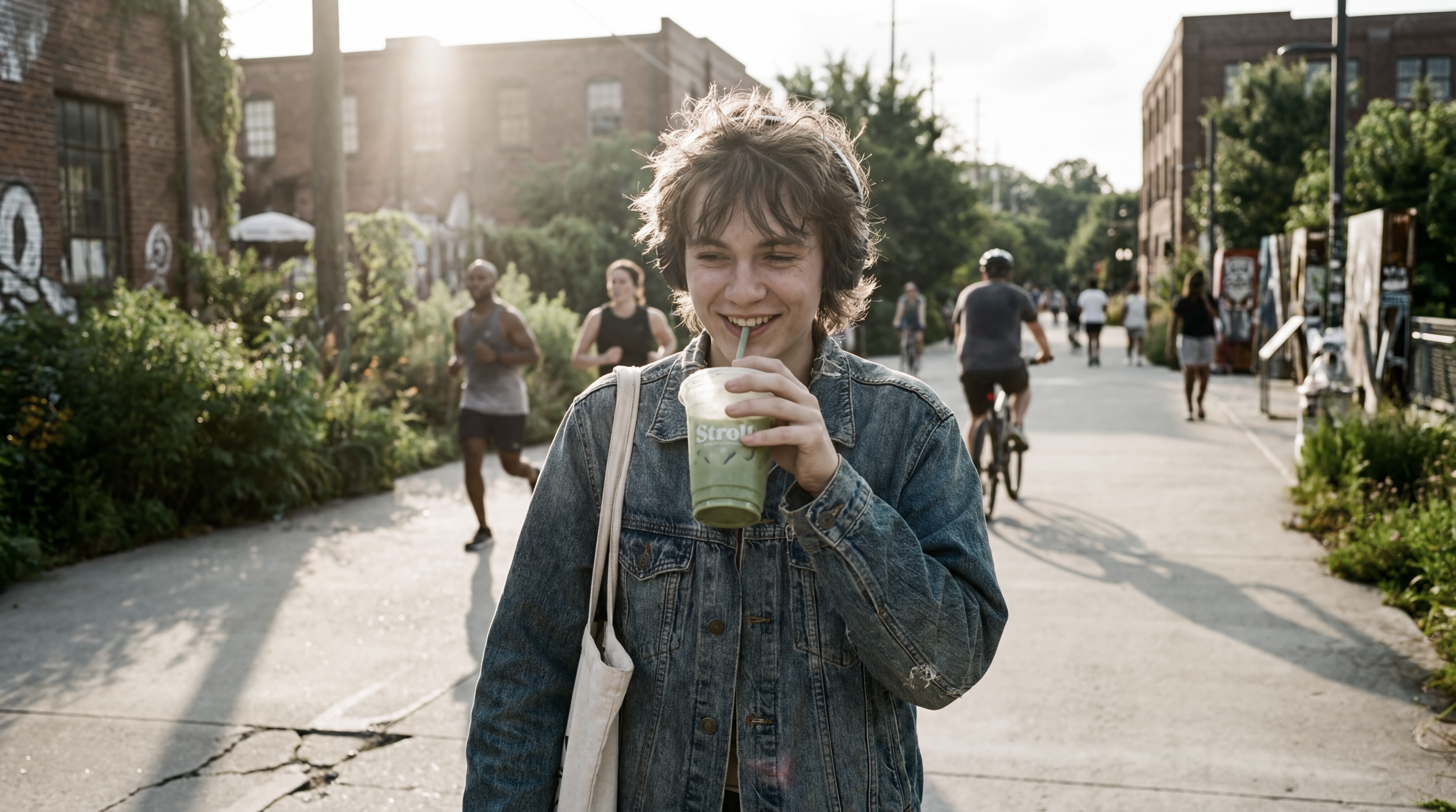 A young person with curly hair in a denim jacket smiling while drinking a green smoothie on a city street, with people walking and cycling in the background during late afternoon or early evening.